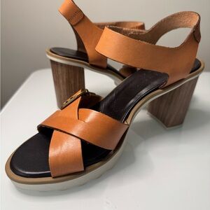 Tan and Black Wedge Shoes with Leather Straps
